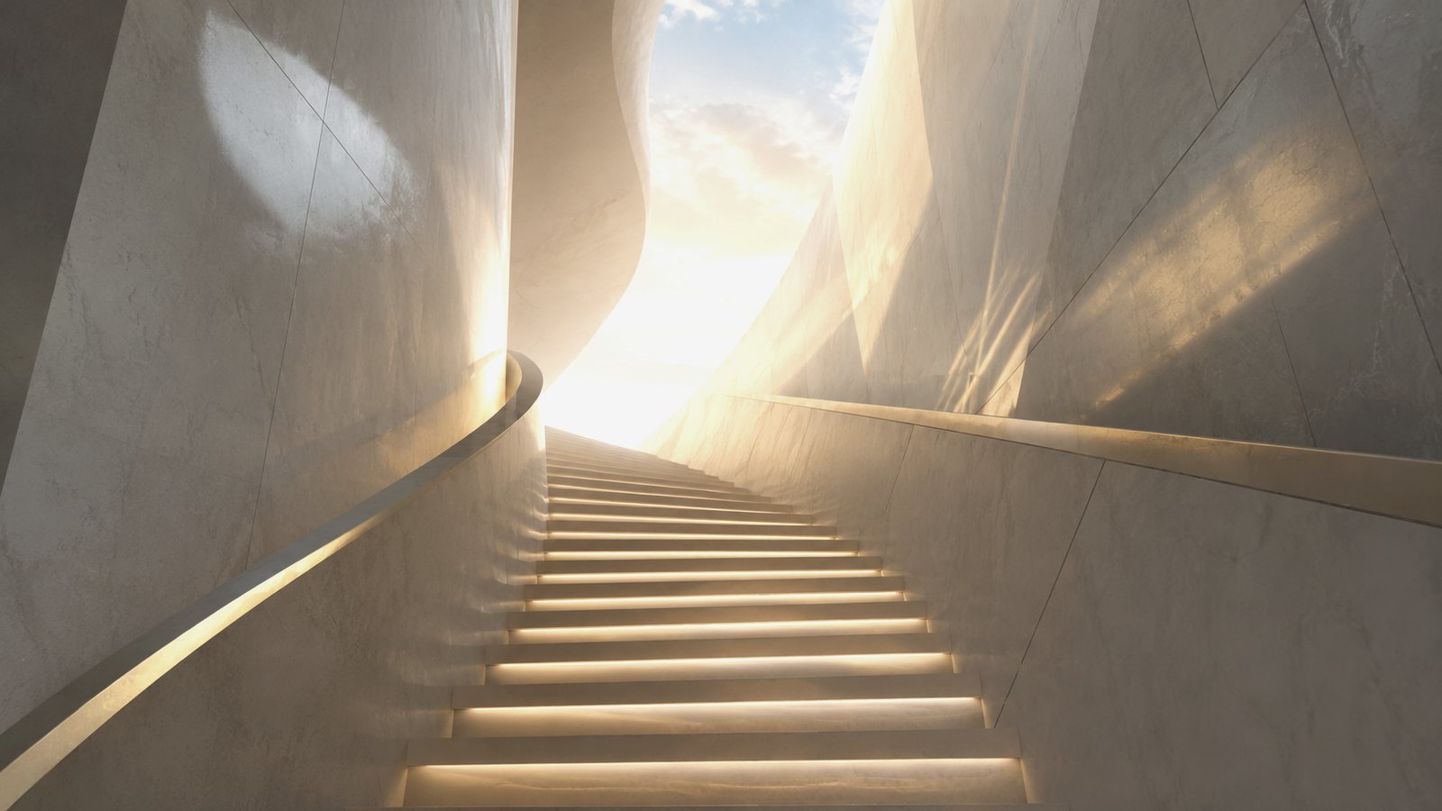 A luminous architectural staircase leading toward the future