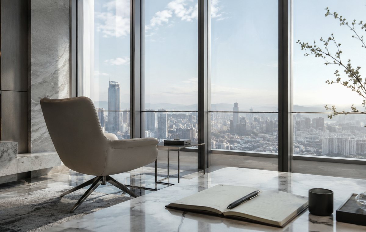 Executive strategy environment overlooking a city